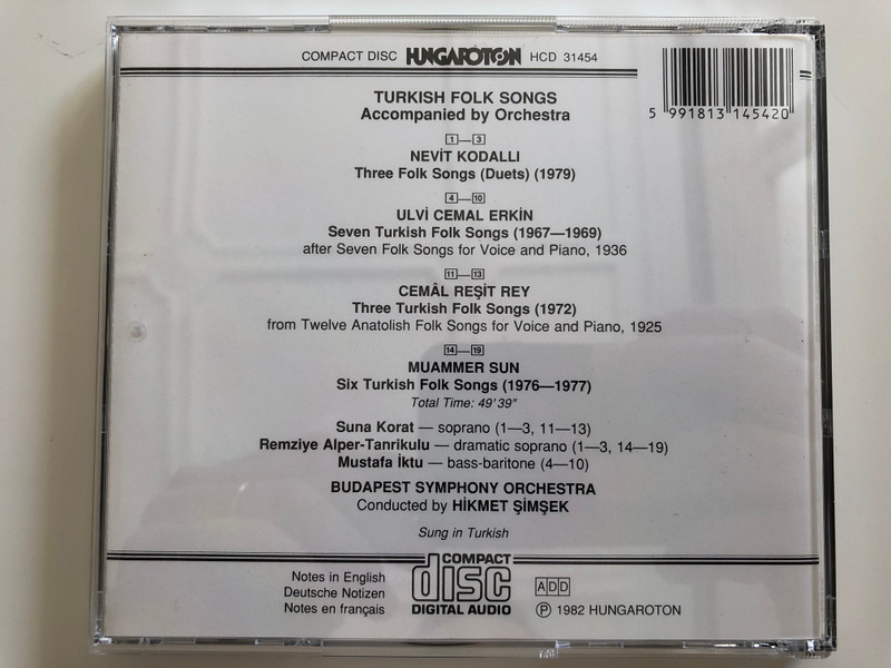 Turkish Folk Songs Accompanied By Orchestra / Rey, Erkin, Kodalli, Sun / Conducted: Hikmet Simsek / The Budapest Symphony Orchestra / Orkestra Esliginde Türk Halk Türküleri / Hungaroton Audio CD 1982 Stereo / HCD 31454