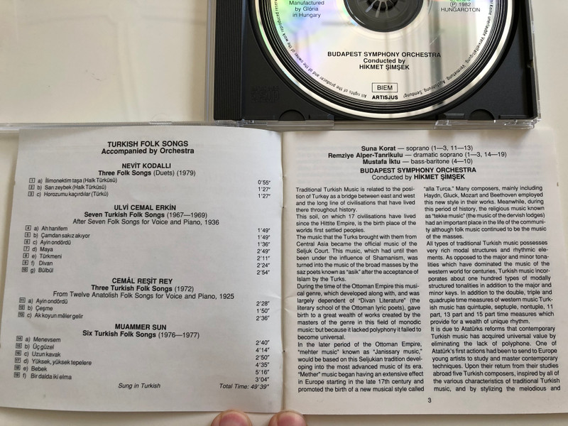 Turkish Folk Songs Accompanied By Orchestra / Rey, Erkin, Kodalli, Sun / Conducted: Hikmet Simsek / The Budapest Symphony Orchestra / Orkestra Esliginde Türk Halk Türküleri / Hungaroton Audio CD 1982 Stereo / HCD 31454