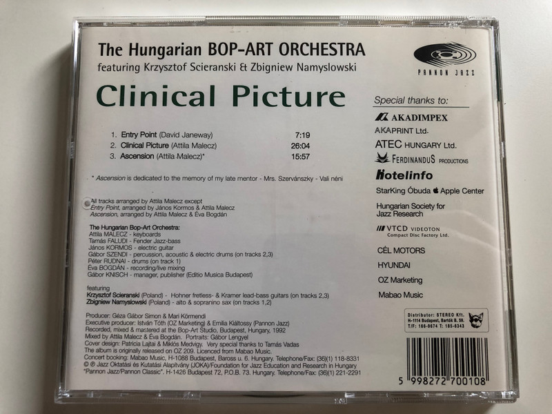 The Hungarian Bop-Art Orchestra featuring Krzysztof Scieranski & Zbigniew Namyslowski / Clinical Picture / Electric World Jazz / Pannon Jazz Audio CD 1997 / PJ 1029