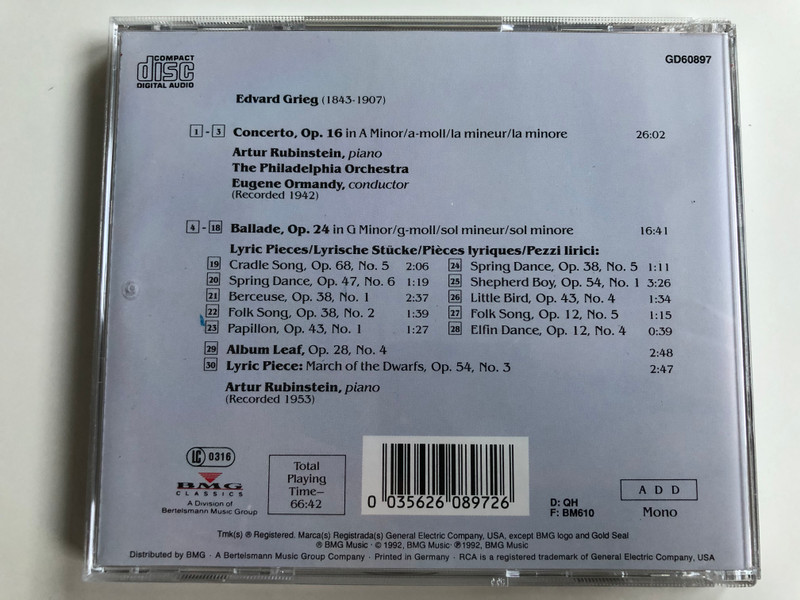 Artur Rubinstein Collection / Grieg Piano Concerto, Ballade Lyric Pieces / Artur Rubinstein, The Philadelphia Orchestra, Eugene Ormandy / BMG Music Audio CD 1992 Mono / GD60897