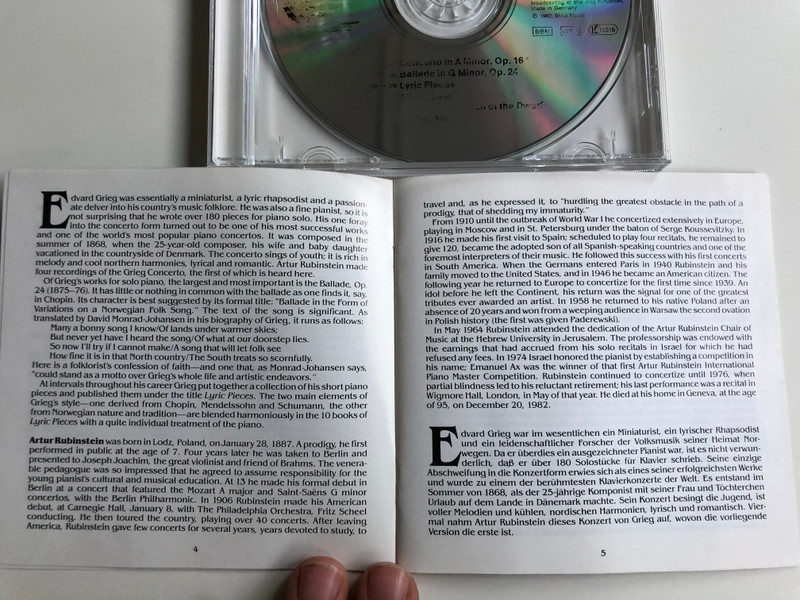Artur Rubinstein Collection / Grieg Piano Concerto, Ballade Lyric Pieces / Artur Rubinstein, The Philadelphia Orchestra, Eugene Ormandy / BMG Music Audio CD 1992 Mono / GD60897
