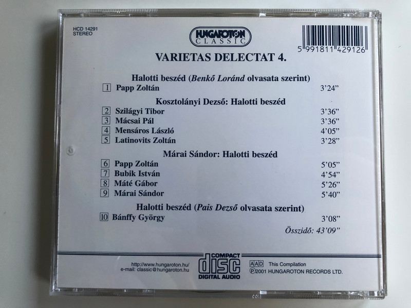 Varietas Delectat 4. - Halotti beszed / Kosztolanyi Dezso - Halotti beszed / Marai Sandor - Halotti beszed / Banffy Gyorgy, Bubik Istvan, Macsai Pal, Mate Gabol, Papp Zoltan, Szilagy Tibor / Hungaroton Classic Audio CD 2001 Stereo / HCD 14291