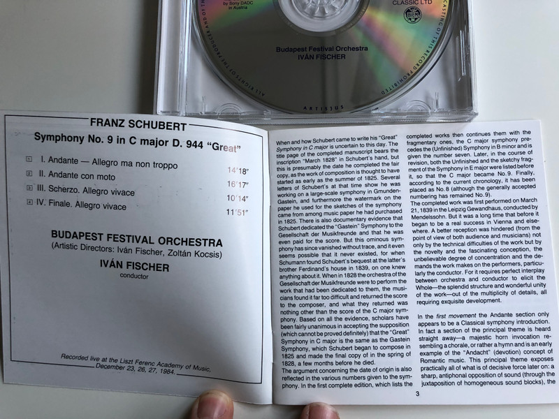 Schubert – Symphony No.9 In C Major »Great« D. 944 / Budapest Festival Orchestra, Iván Fischer / Hungaroton Audio CD 1994 Stereo / HCD 12722-2