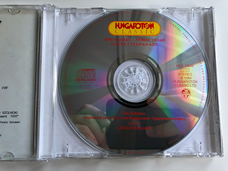 Operettenparade / Imre Kálmán, Lehár Ferenc / Ihre Popularsten Melodien / Wiener Frauen, Die Zirkusprinzessin, Das Land Des Lachelns, Giuditta, Paganini / Hungaroton Classic Audio CD 1994 Stereo / HCD 16826