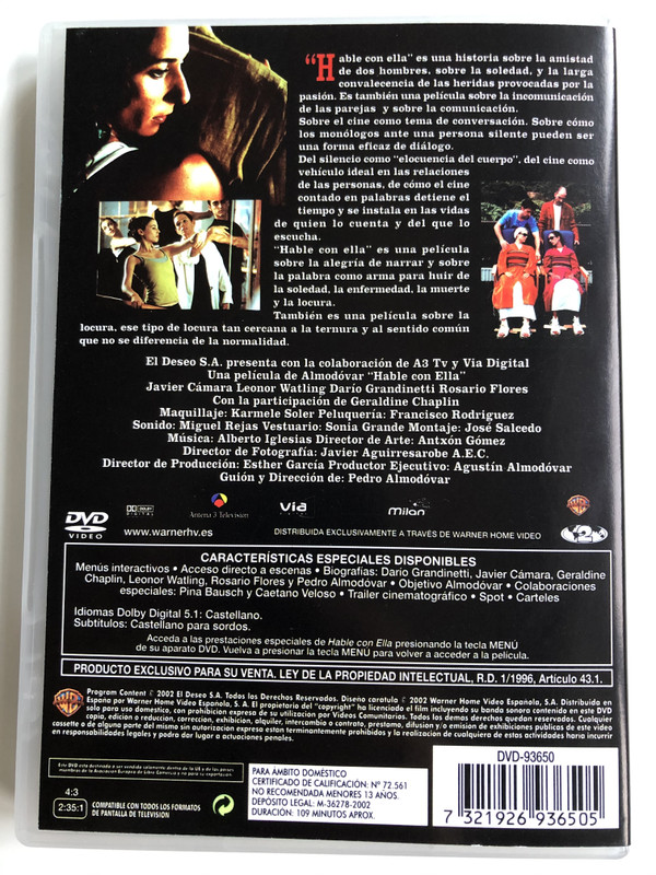 Hable con Ella DVD 2002 Talk to her / Directed by Pedro Almodóvar / Starring: Javier Cámara, Darío Grandinetti, Leonor Watling, Geraldine Chaplin, Rosario Flores (7321926936505)