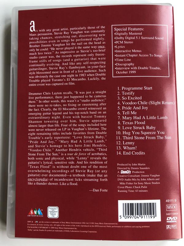 Stevie Ray Vaughan and Double Trouble DVD 1991 / Live at the El Mocambo / Directed by Dennis Saunders / SMV 491119 (5099704911199)