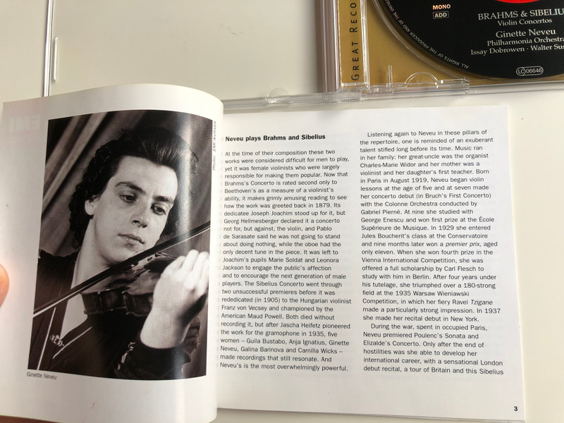 Brahms & Sibelius Violin Concertros / Ginette Neveu, Issay Dobrowen, Walter Susskind / Philharmonia Orchestra / EMI Classics Audio CD 2005 Mono / 7243 4 76830 2 2