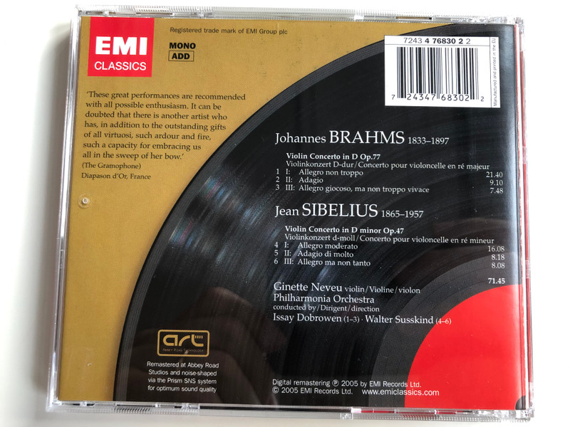 Brahms & Sibelius Violin Concertros / Ginette Neveu, Issay Dobrowen, Walter Susskind / Philharmonia Orchestra / EMI Classics Audio CD 2005 Mono / 7243 4 76830 2 2