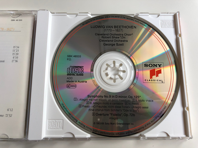 Beethoven - Symphony No. 9 ''Choral'', "Fidelio" Overture / Adele Addison, Jane Hobson, Richard Lewis, Donald Bell / Cleveland Orchestra & Choir, George Szell ‎/ Sony Classical Audio CD 1991 / SBK 46533