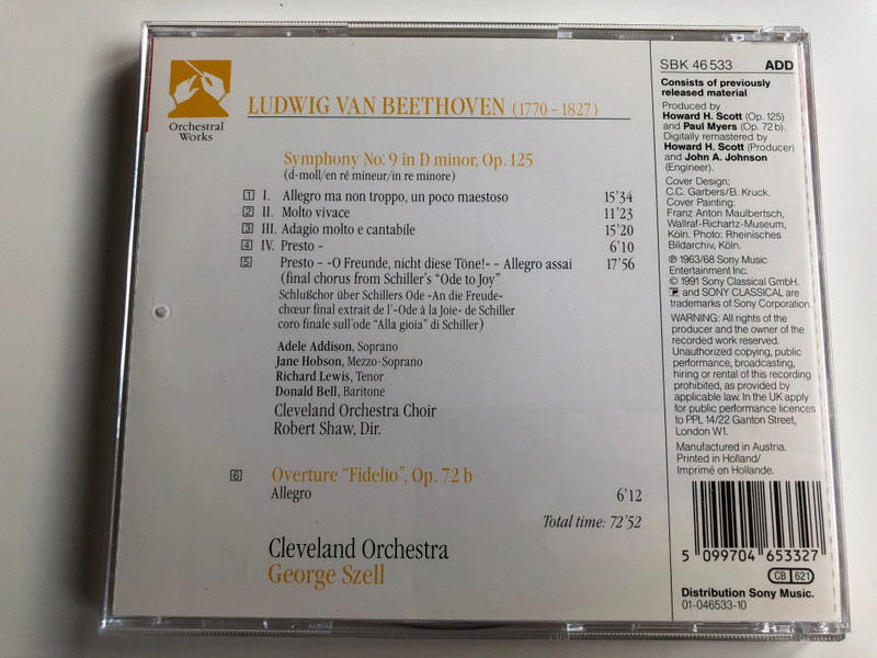 Beethoven - Symphony No. 9 ''Choral'', "Fidelio" Overture / Adele Addison, Jane Hobson, Richard Lewis, Donald Bell / Cleveland Orchestra & Choir, George Szell ‎/ Sony Classical Audio CD 1991 / SBK 46533