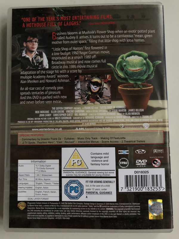 Little Shop of Horrors DVD 1986 / Directed by Frank Oz / Starring: Rick Moranis, Ellen Greene, Vincent Gardenia, Steve Martin, James Belushi / Most Outrageous Musical Comedy in Years (7321900183253)