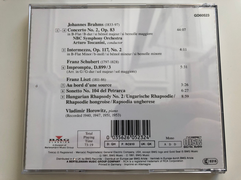 Horowitz / Brahms - Piano Concerto No. 2 / NBC Symphony Orchestra / Toscanini, Schubert, Liszt / RCA Victor Gold Seal Audio CD 1991 Mono / GD60523