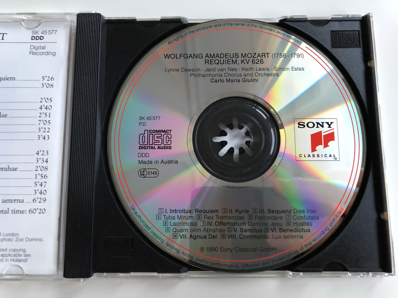 Mozart – Requiem, K.626 / Lynne Dawson, Jard Van Nes, Keith Lewis, Simon Estes ‎/ Philharmonia Chorus & Orchestra / Carlo Maria Giulini / Sony Classical ‎Audio CD 1990 / SK 45 577