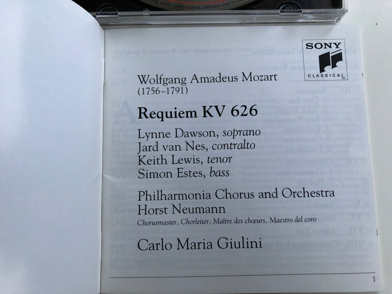 Mozart – Requiem, K.626 / Lynne Dawson, Jard Van Nes, Keith Lewis, Simon Estes ‎/ Philharmonia Chorus & Orchestra / Carlo Maria Giulini / Sony Classical ‎Audio CD 1990 / SK 45 577