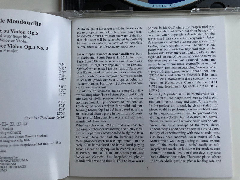 Jean-Joseph Cassanea de Mondonville / Pieces de Clavecin avec Voix ou Violin Op. 5 / Sonata Op. 3 No. 2 / Soprano: Edit Karoly, Violin: Balasz Bozzai, Harpsichord: Miklos Spanyi / Hungaroton Classic Audio CD 2004 Stereo / HCD 32237