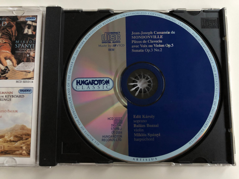 Jean-Joseph Cassanea de Mondonville / Pieces de Clavecin avec Voix ou Violin Op. 5 / Sonata Op. 3 No. 2 / Soprano: Edit Karoly, Violin: Balasz Bozzai, Harpsichord: Miklos Spanyi / Hungaroton Classic Audio CD 2004 Stereo / HCD 32237