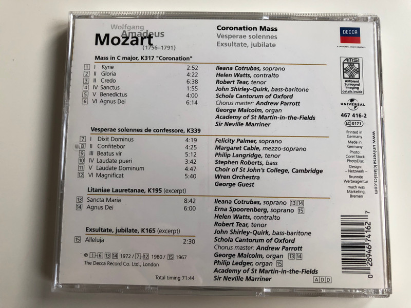 Wolfgang Amadeus Mozart - Coronation Mass, Vesperae solennes, Exsultate,jubilate / Cotrubas, Watts, Tear, Shirley-Quirk, Academy of St Martin-in-the-Fields, Sir Neville Marriner / DECCA Audio CD / 467 416-2