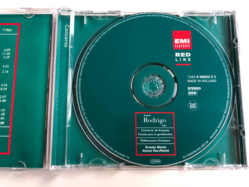 Joaquin Rodrigo (1901) - Concierto de Aranjuez, Fantasia para un gentilhombre / Philharmonia Orchestra / Ernesto Bitetti, Antoni Ros-Marba / EMI Classics Audio CD 1997 Stereo / 7243 5 69832 2 9