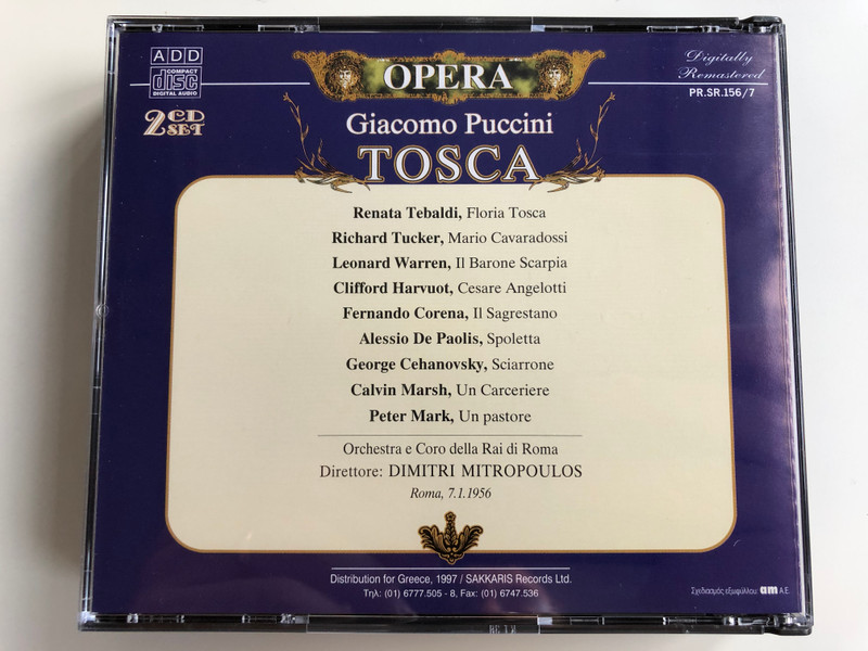 Opera / Giacomo Puccini ‎– Tosca / R. Tebaldi, R. Tucker, L. Warren, C. Harvuot, F. Corena, A. De Paolis, G. Cehanovsky / Orchestra e Coro della Rai di Roma / Dimitri Mitropoulos / Opera 2x Audio CD 1997 /‎ CDTA.006