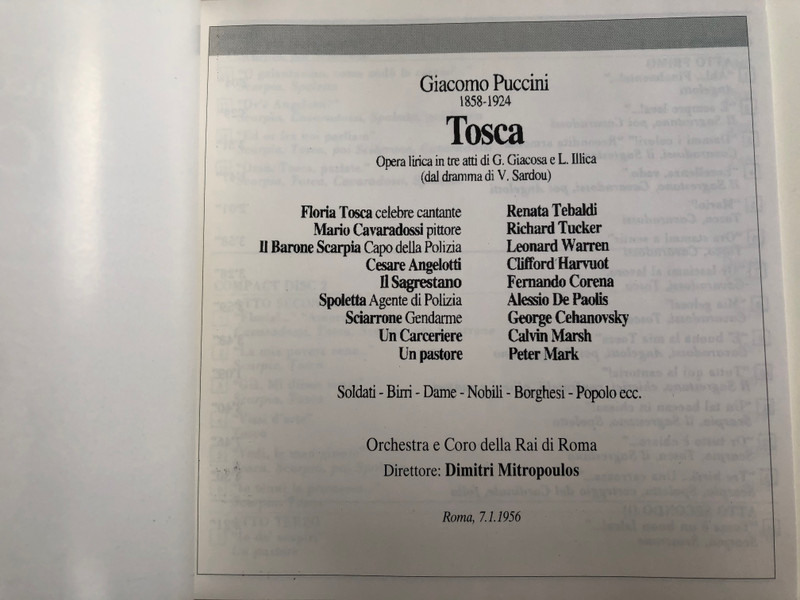 Opera / Giacomo Puccini ‎– Tosca / R. Tebaldi, R. Tucker, L. Warren, C. Harvuot, F. Corena, A. De Paolis, G. Cehanovsky / Orchestra e Coro della Rai di Roma / Dimitri Mitropoulos / Opera 2x Audio CD 1997 /‎ CDTA.006