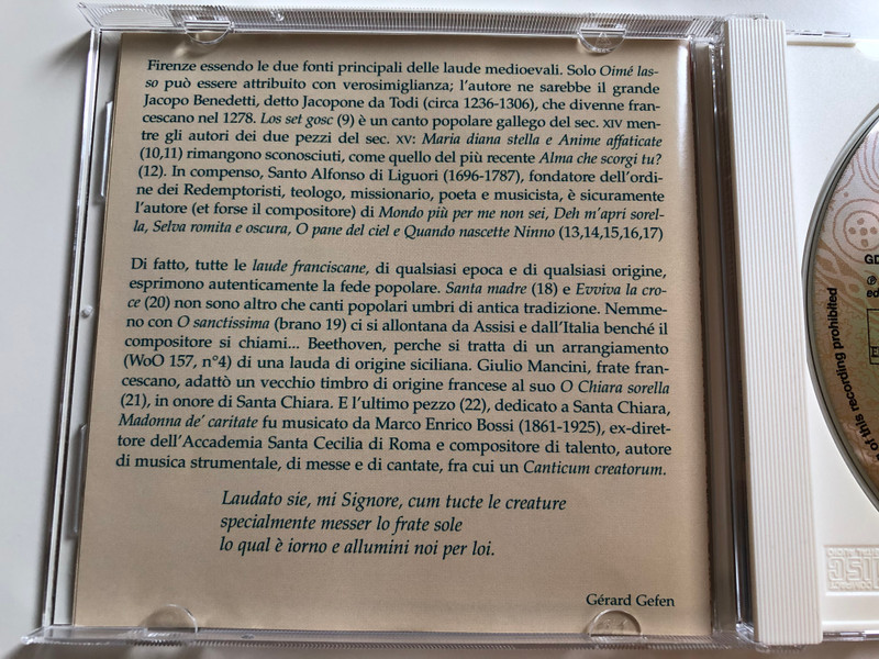 La Laude Franciscane / Cantori Di Assisi dirige Evangelista Nicolini / Ermitage ‎Audio CD 2001 / GD 203