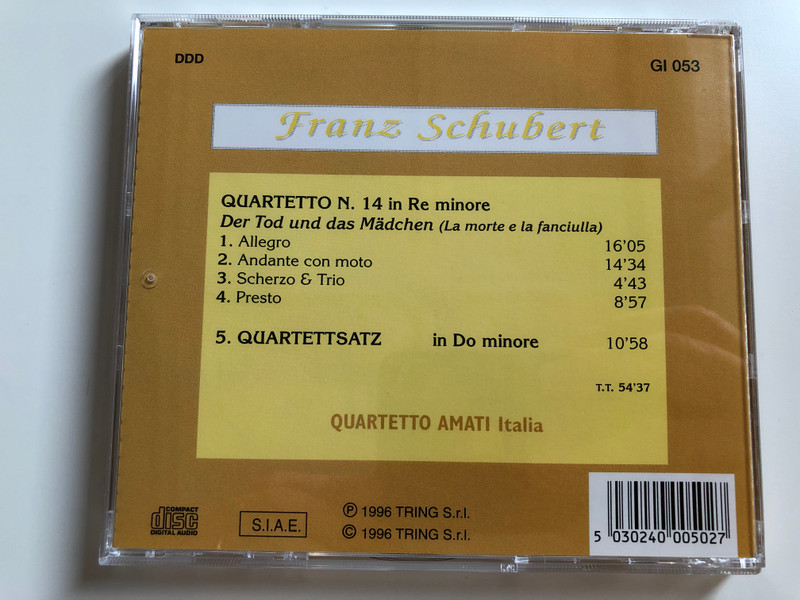 Franz Schubert / Der Tod und das Madchen (La morte e la fanciulla) / Quartetto Amati Italia / Gusto Italiano Audio CD 1996 / GI 053