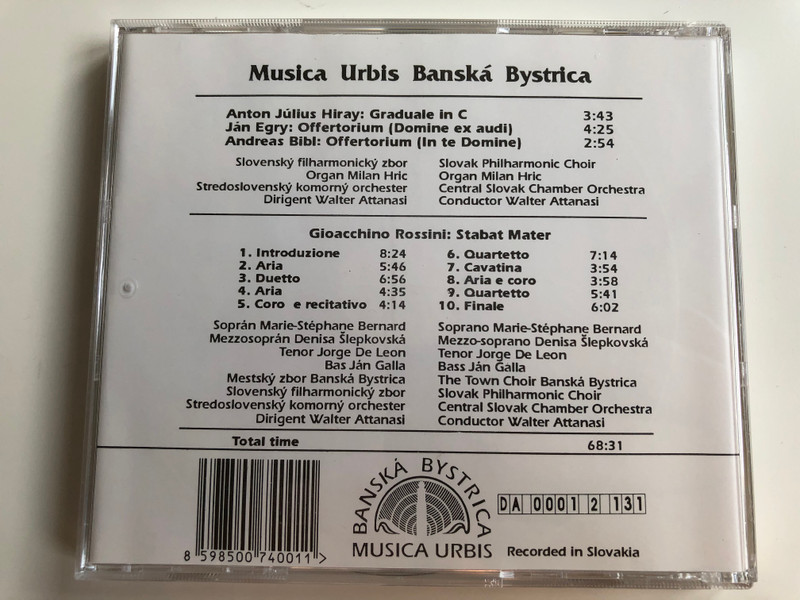 Anton Julius Hiray Graduale in C / Jan Egry Offertorium (Domine ex audi), Andreas Bibl Offertorium (In te Domine) / Musica Urbis Banska Bystrica / Gioacchino Rossini Stabat Mater / Musica Urbis Audio CD 1992 / MU-I 001