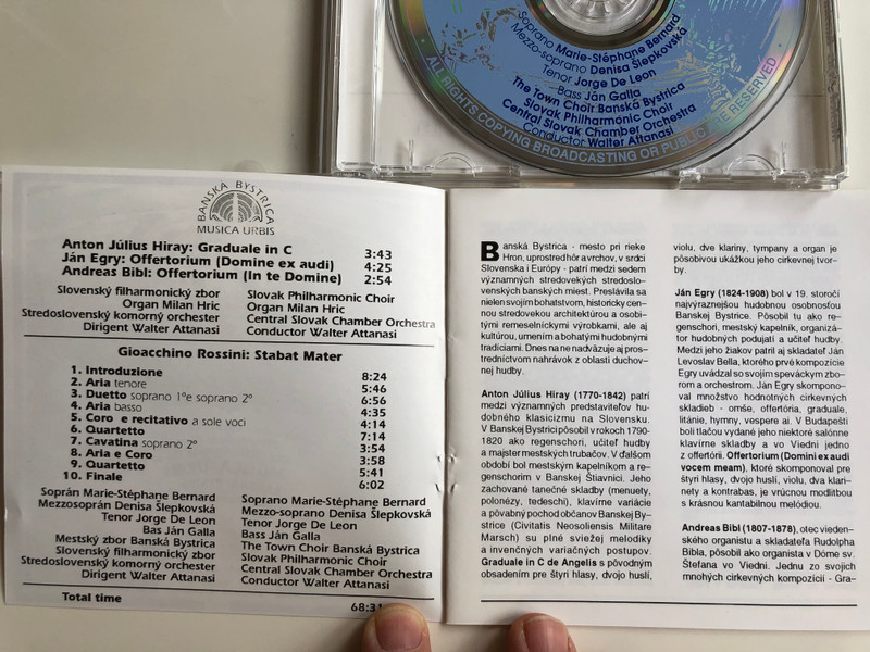 Anton Julius Hiray Graduale in C / Jan Egry Offertorium (Domine ex audi), Andreas Bibl Offertorium (In te Domine) / Musica Urbis Banska Bystrica / Gioacchino Rossini Stabat Mater / Musica Urbis Audio CD 1992 / MU-I 001