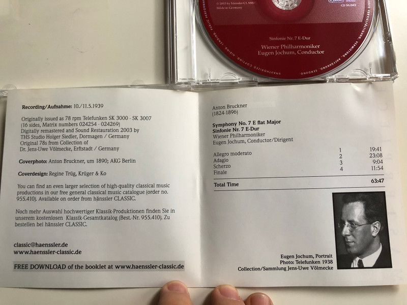 Anton Bruckner – Symphony No. 7 In E Flat Major = Sinfonie Nr. 7 E-Dur / Wiener Philharmoniker / Conductor: Eugen Jochum ‎/ Hänssler Classic Audio CD 2003 / CD 94.043 CD 94.043