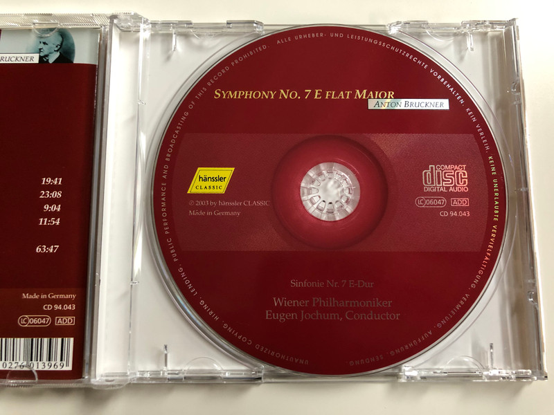 Anton Bruckner – Symphony No. 7 In E Flat Major = Sinfonie Nr. 7 E-Dur / Wiener Philharmoniker / Conductor: Eugen Jochum ‎/ Hänssler Classic Audio CD 2003 / CD 94.043 CD 94.043