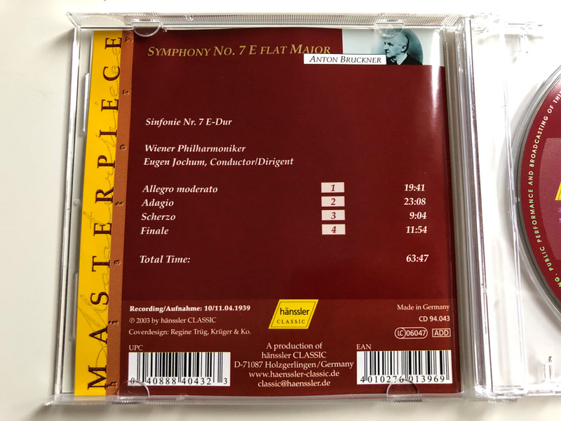 Anton Bruckner – Symphony No. 7 In E Flat Major = Sinfonie Nr. 7 E-Dur / Wiener Philharmoniker / Conductor: Eugen Jochum ‎/ Hänssler Classic Audio CD 2003 / CD 94.043 CD 94.043 
