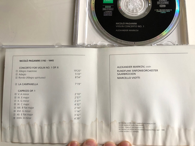 Paganini - Concerto for Violin No. 1 - La Campanella Caprices Op. 1 / Alexander Markov / Erato Audio CD 1997 Stereo / 3984-21324-2