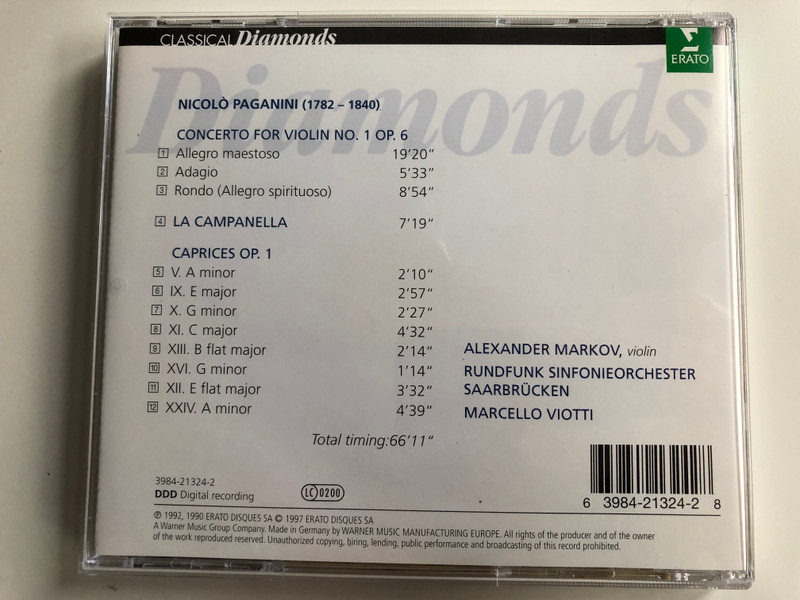 Paganini - Concerto for Violin No. 1 - La Campanella Caprices Op. 1 / Alexander Markov / Erato Audio CD 1997 Stereo / 3984-21324-2