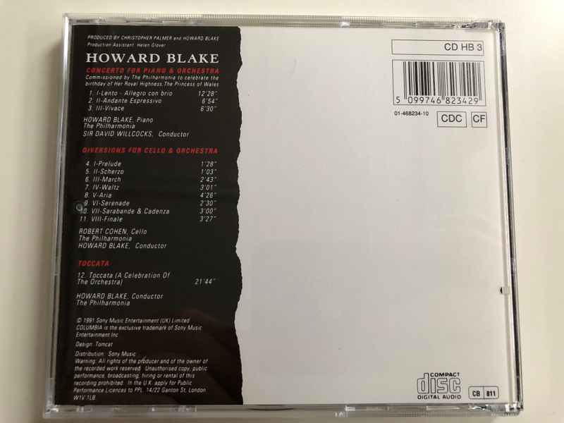 Howard Blake (piano) - Concerto For Piano and Orchestra / Conducted: Sir David Willcocks / Diversions for cello and orchestra / Cello: Robert Cohen, Conducted: Howard Blake / Toccata, The Philharmonia / Sony Music Audio CD 1991 / CD HB 3