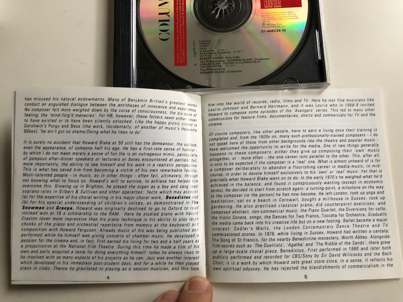 Howard Blake (piano) - Concerto For Piano and Orchestra / Conducted: Sir David Willcocks / Diversions for cello and orchestra / Cello: Robert Cohen, Conducted: Howard Blake / Toccata, The Philharmonia / Sony Music Audio CD 1991 / CD HB 3