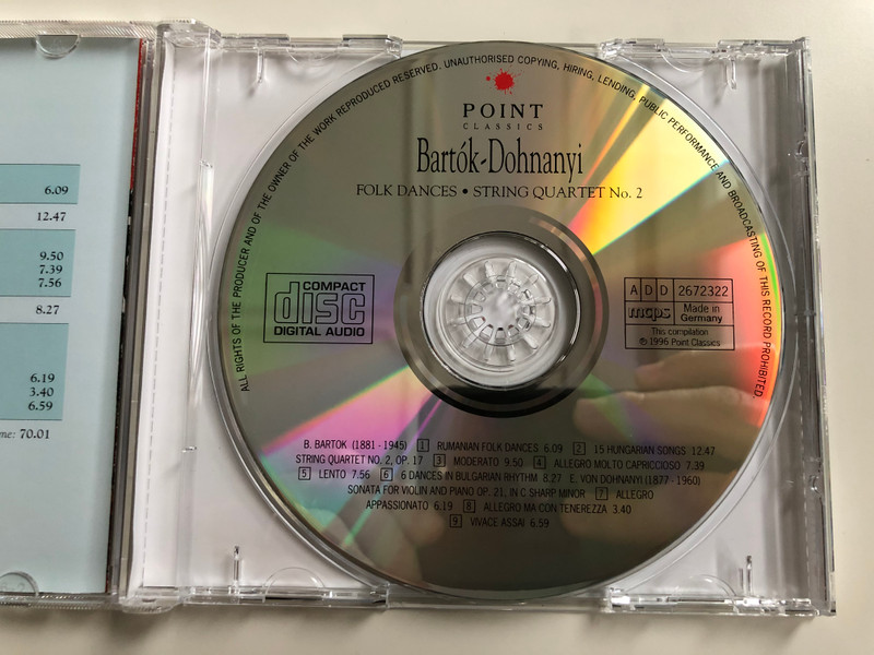 Bartok-Dohnanyi - Folk Dances, String Quartet No. 2 / Piano: Daniela Ruso, Ludovit Marcinger, Dieter Goldmann / Violin: Pavol Bogacz, Bruno Zwicker / Takacs Quartet / Point Classics Audio CD 1996 / 2672322