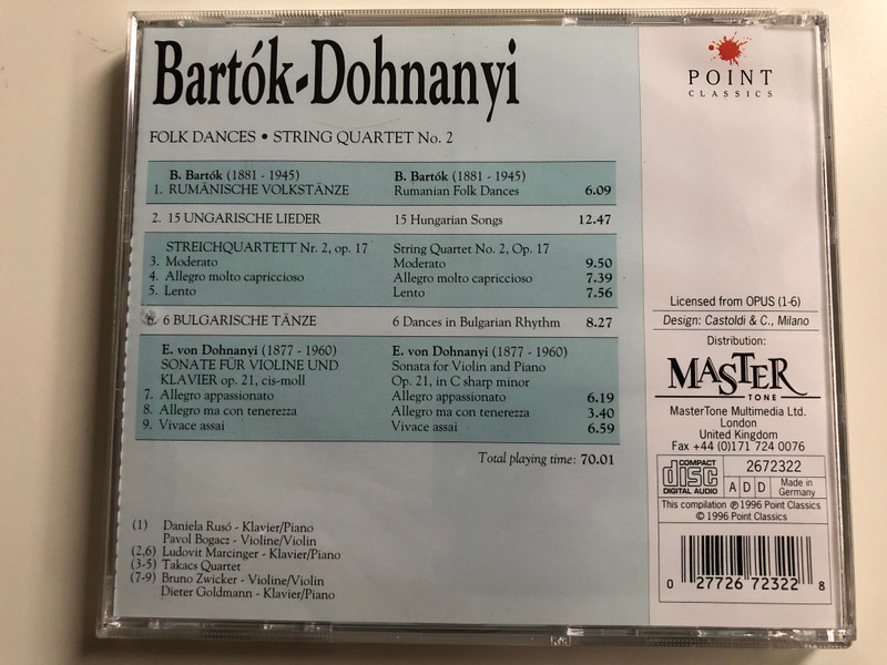 Bartok-Dohnanyi - Folk Dances, String Quartet No. 2 / Piano: Daniela Ruso, Ludovit Marcinger, Dieter Goldmann / Violin: Pavol Bogacz, Bruno Zwicker / Takacs Quartet / Point Classics Audio CD 1996 / 2672322