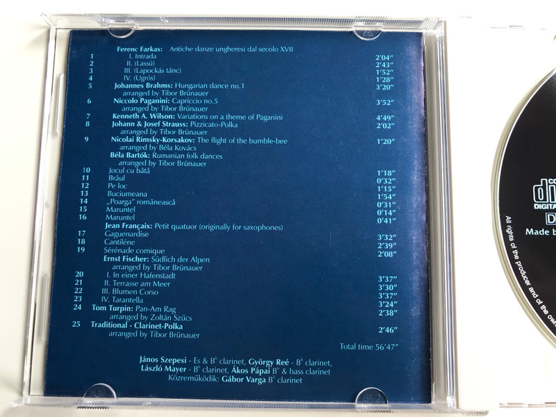 Budapest Clarinet Quartet - Cascade / Farkas, Brahms, Paganini, J. Strauss, Rimsky-Korsakov, Bartok, Francaix, Fischer, Turpin / Alpha Line Recording 1998 / CBT 001