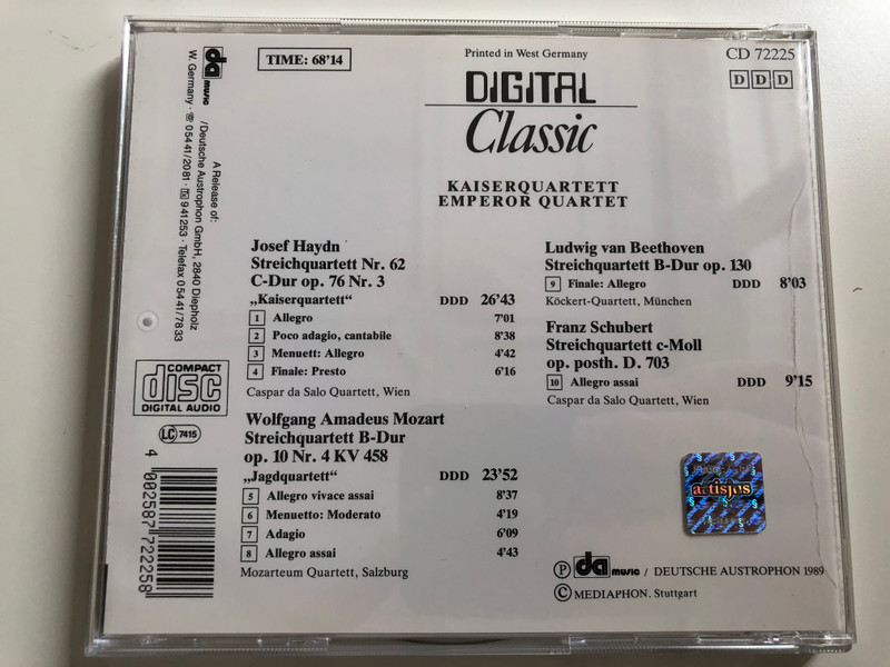 Kaiserquartett - Emporer Quartet / Haydn: Streichquartett Nr. 62 C-Dur op. 76,3 / Mozart: B-Dur op. 10, Nr. 4 KV 458 / Beethoven: B-Dur op. 130 / Schubert: Streichquartett c-Moll op. posth. D. 703 / Digital Classic Audio CD 1989 / 72225