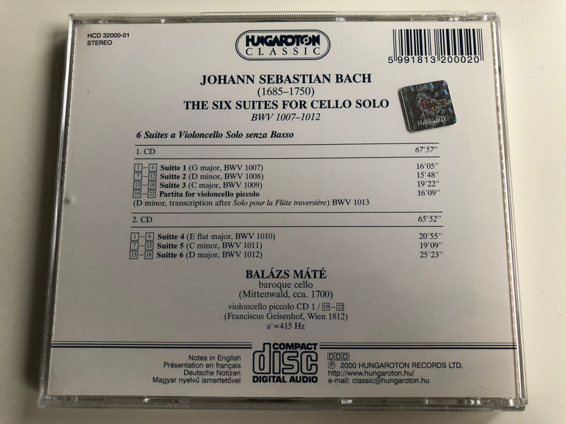 Johann Sebastian Bach - The Six Suites for Violoncello Solo / Balazs Mate - baroque cello & violoncello picolo / Hungaroton Classic 2x Audio CD 2000 Stereo / HCD 32000-01