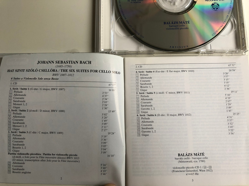 Johann Sebastian Bach - The Six Suites for Violoncello Solo / Balazs Mate - baroque cello & violoncello picolo / Hungaroton Classic 2x Audio CD 2000 Stereo / HCD 32000-01