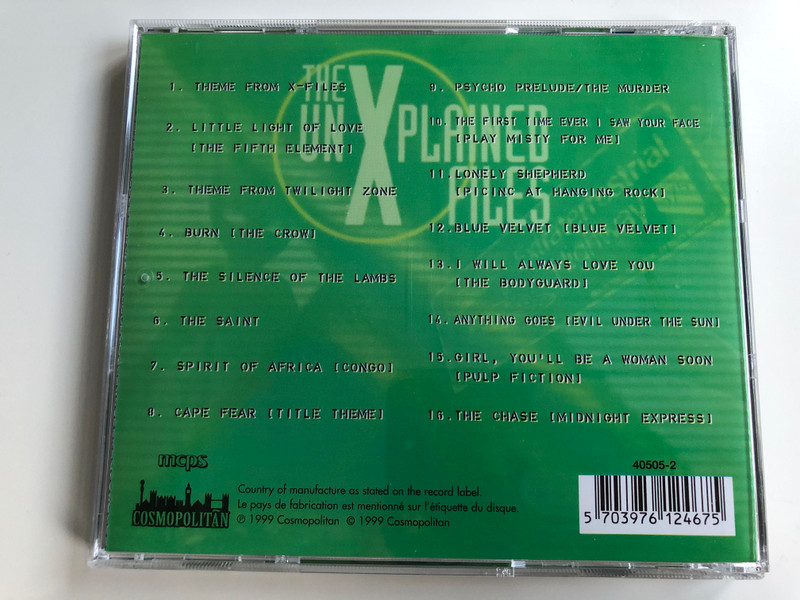 The Unexplained Files / X-Files And Other Mystery Movie Themes Including The Crow, Twilight Zone, Cape Fear, Psycho And Many More... / Performed By Absolute Film Orchestra And Singers / Cosmopolitan ‎Audio CD 1999 / 40505-2