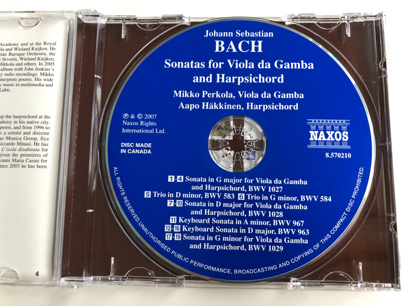 Johann Sebastian Bach - Sonatas for Viola da Gamba and Harpsichord / Viola da Gamba: Mikko Perkola, Harpichord: Aapo Häkkinen ‎/ Naxos Rights International Ltd. ‎Audio CD 2007 / 8.570210
