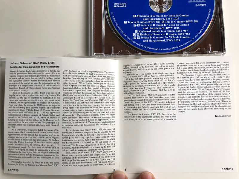 Johann Sebastian Bach - Sonatas for Viola da Gamba and Harpsichord / Viola da Gamba: Mikko Perkola, Harpichord: Aapo Häkkinen ‎/ Naxos Rights International Ltd. ‎Audio CD 2007 / 8.570210