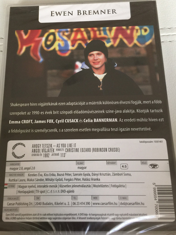 As You Like It DVD 1992 Ahogy Tetszik / Directed by Christine Edzard / Starring: Emma Croft, James Fox, Cyril Cusack, Celia Bannerman / Based on Shakespeare's play (5999554700663)