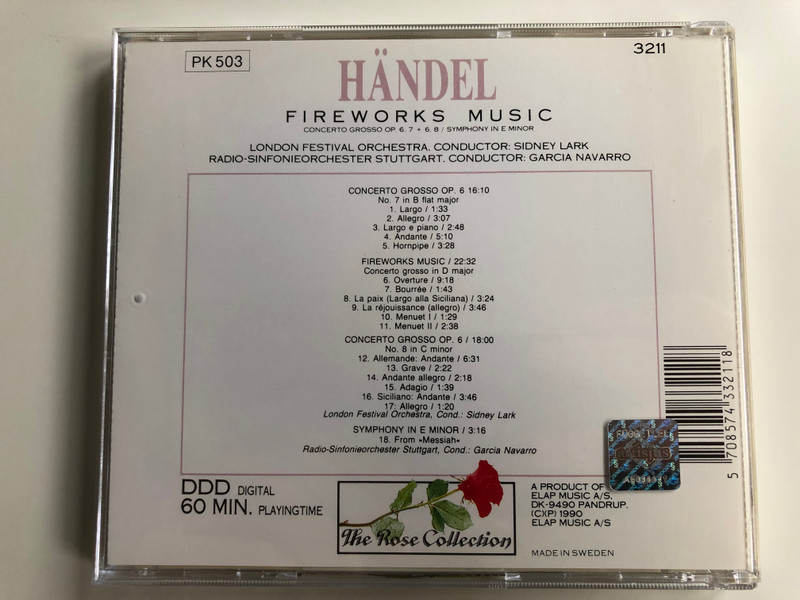 Händel ‎– Fireworks Music / Concerto Grosso Op. 6. 7 + 6. 8, Symphony In E Minor / Playingtime 60 Min. / Elap Audio CD 1990 / 3211CD