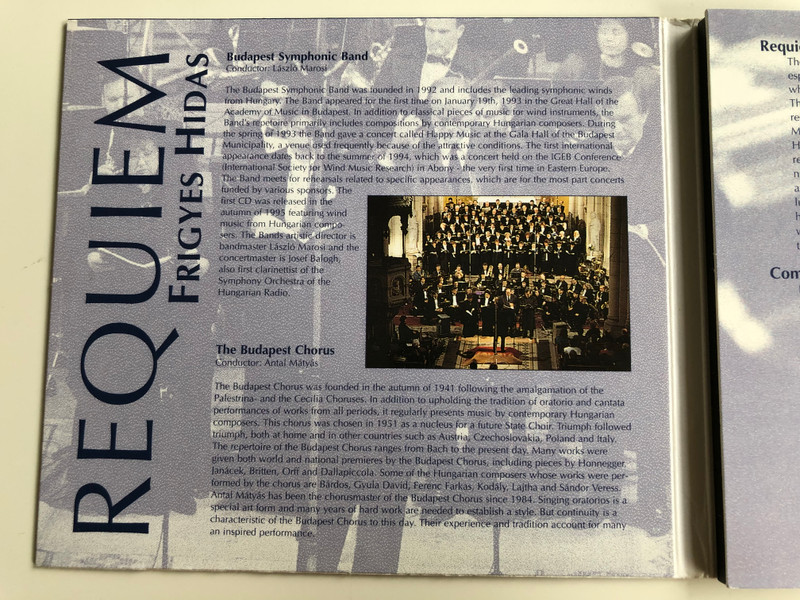 Requiem - Frigyes Hidas / Live Recorded at the ''Bakats Square Temple'' Budapest Hungary / Soprano: Veronika Kincses, Alto: Katalin Mészöly, Tenor: András Molnár, Bass: István Berczelly / The Budapest Chorus, The Budapest Symphonic Band / Conductor: László Marosi / BMC ‎Audio CD / 96003-3