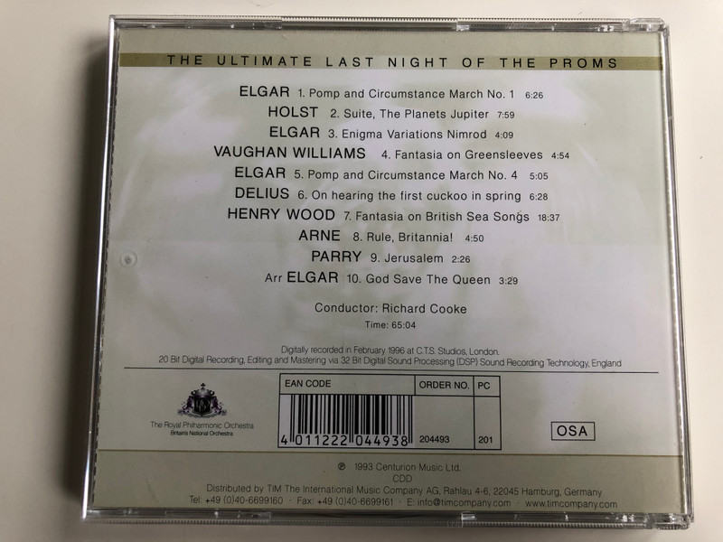 The Royal Philharmonic Orchestra, Richard Cooke / The Ultimate Last Night Of The Proms / Holst, Elgar, Vaughan Williams, Henry Wood / RPO Records Audio CD 1993 / ‎204493-201