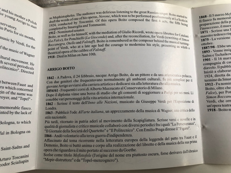 Arrigo Boito - Mefistofele - selezione / Mafalda Favero, Giannina Arangi Lombardi, Nazzareno De Angelis, Antonio Melandri / Grande Orchestra Sinfonica di Milano, Lorenzo Molajoli / Coro del Teatro alla Scala, Vittore Veneziani / Sarabandas srl Audio CD 1998 / CD 54553