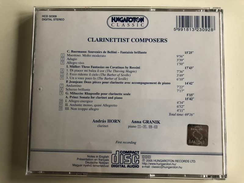 Clarinettist Composers / Muller, Baermann, Jeanjean, Miluccio, Prinz / Clarinet: Andras Horn / Piano: Anna Granik / Hungaroton Classic Audio CD 2004 Stereo / HCD 32309